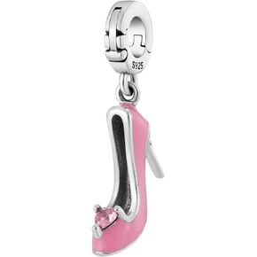 Pink Barbie Heel CZ Heart Open Clasp Clip On Pendant 925 Sterling Silver Charm For Pandora & Other Charm Bracelets/Necklaces