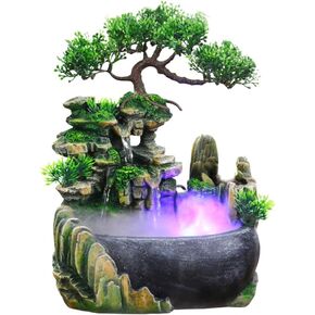 Indoor Fountain, Tabletop Water Fountain Desktop Zen Meditation Waterfall Fountain with Rockery, Plant, Atomizing Humidifier for Office, Home, Bedroom Desk Décoration(US 110V)