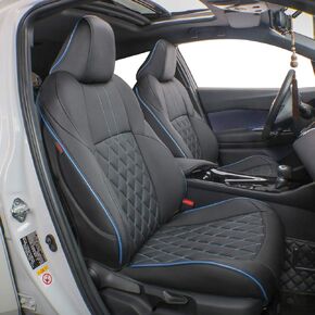 EKR Custom Fit CHR Seat Covers for Select Toyota CHR 2018 2019 2020 2021 2022 2023 2024 Full Set - Leather (Black with Blue Trim)
