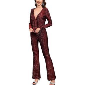 Womens Jumpsuit Sexy Sparkly Jumpsuits Deep V Neck Clubwear One Piece Long Sleeve Pants Rompers Wedding Guest in Kuwait