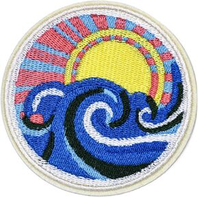 Embroidered Patches, Round Shape Sea Wave Nature Theme Iron On Sew On Applique Emblem