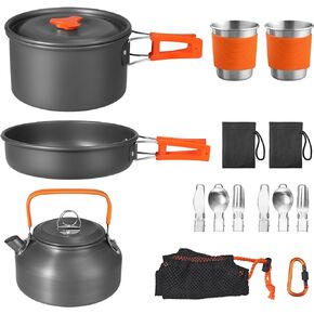 17PCS Camping Cooking Set, Non-Stick Lightweight Camping Pots and Pans Set with Kettle, Stainless Steel Cups, Foldable Forks Knives Spoons for Camping, Backpacking, Outdoor Cooking & Picnic