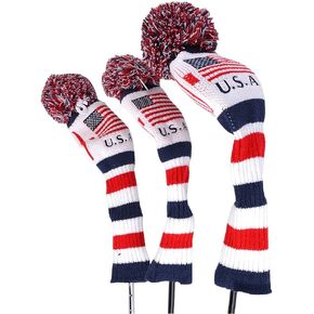 3PCS Knitted Golf Head Covers for Driver and Fairway Woods American USA Flag Pattern with Long Neck Design White Red and Navy Blue Sock Pom Pom Golf Club Patriotic Head Covers Set