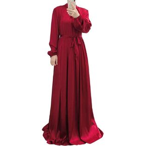 ODIZLI Muslim Dress for Women Bishop Sleeve Satin Abaya Islam Full Length Robe Kaftans Flowy Maxi Dress Ramadan Bridal Gown