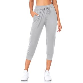 بنطال رياضي FULLSOFT Capri للنساء - بنطلون رياضي مع جيوب عالي الخصر لتمارين اليوجا والجري (رمادي فاتح - M(كابري)) in Kuwait