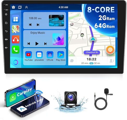 8 Core+2G+64G Android Car Stereo with Wireless Apple CarPlay Android Auto, Double Din Car Radio in-Dash 10.1" IPS Touchscreen, WiFi, GPS Navi, Bluetooth,FM/RDS, SWC, USB, 32EQ DSP, Backup Camera in Saudi Arabia