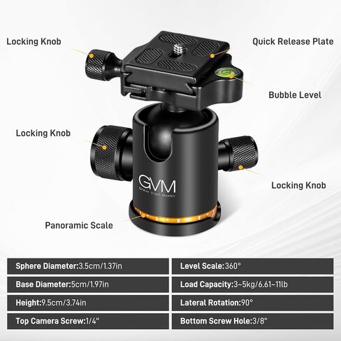 GVM 35mm Ball Head Mount, Tripod Ball Head Mount with 1/4'' Quick Release Plate 3/8'' Thread Mount, 360° Rotation Panoramic Ball Head for Tripod Slider Camera Camcorder Monopod, Max Load 5KG/11LB in Saudi Arabia
