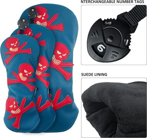 Yamato Golf Head Covers Set Skull & T'S Emblem Golf Club Covers for Driver Fairway Wood Hybrid Golf Headcovers Fit All Brand Golf Clubs - 3 Pack in Saudi Arabia
