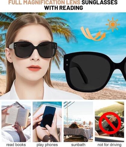 Trendy Reading Sunglasses Women Stylish Square Sun Readers UV Protection Glasses 1.0 1.5 2.0 2.5 3.0 3.5 (Not-bifocal in Kuwait