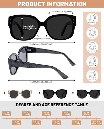 Trendy Reading Sunglasses Women Stylish Square Sun Readers UV Protection Glasses 1.0 1.5 2.0 2.5 3.0 3.5 (Not-bifocal in Kuwait