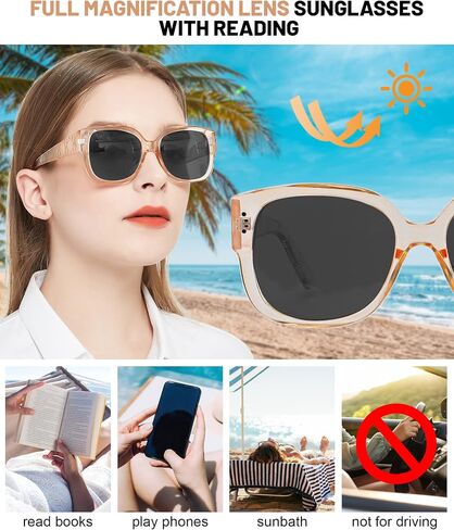 Trendy Reading Sunglasses Women Stylish Square Sun Readers UV Protection Glasses 1.0 1.5 2.0 2.5 3.0 3.5 (Not-bifocal in Kuwait