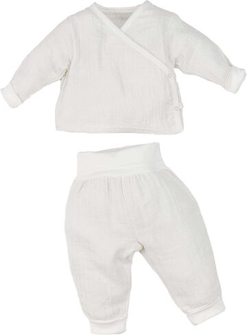 طقم مكون من قطعتين من قطعة علوية وبنطلون من القطن العضوي للأطفال من قماش الموسلين باللون الأبيض in Kuwait