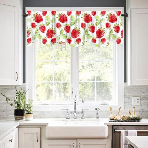 54x18in الصيف الفراولة نافذة العلاج الستارة المائية الأحمر الفراولة الخضراء يترك نافذة الستارة لنافذة مع قضيب جيب المطبخ غرفة الطعام الديكور in Kuwait