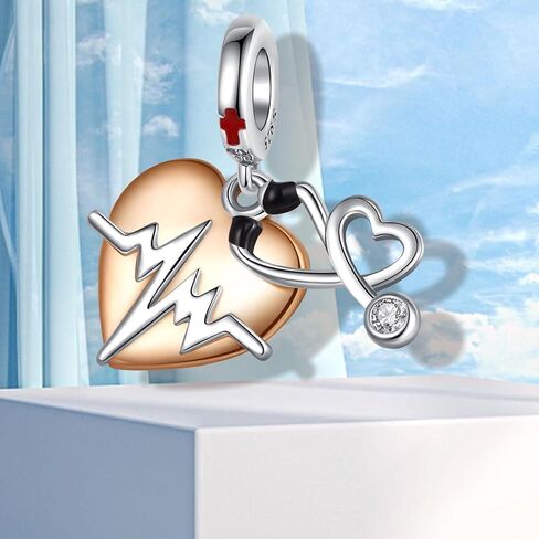 925 Sterling Silver Roses Forever Love Stethoscope & Heartbeat Nurse Padlock Turtle Charms Bracelet Necklace Heart Clip Beads Jewellery Gift for Women Girls at Valentine's Day Mother's Day in Saudi Arabia