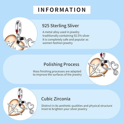 925 Sterling Silver Roses Forever Love Stethoscope & Heartbeat Nurse Padlock Turtle Charms Bracelet Necklace Heart Clip Beads Jewellery Gift for Women Girls at Valentine's Day Mother's Day in Saudi Arabia