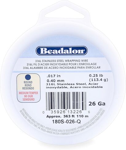 سلك تغليف من الفولاذ المقاوم للصدأ Beadalon 316L، دائري، 26 مقياس، 363 قدم، 1/4 رطل in Saudi Arabia