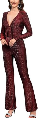Womens Jumpsuit Sexy Sparkly Jumpsuits Deep V Neck Clubwear One Piece Long Sleeve Pants Rompers Wedding Guest in Kuwait