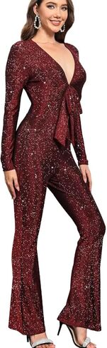 Womens Jumpsuit Sexy Sparkly Jumpsuits Deep V Neck Clubwear One Piece Long Sleeve Pants Rompers Wedding Guest in Kuwait