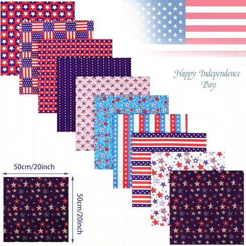Tatuo 10 Pcs 20 x 20 in Patriotic Fabric Bundle 4th of July Quilting Fabric Memorial Day Fabric Squares Independence Day Print Fabric American Flag Pattern Polyester Cotton Fabric DIY Craft Patchwork in Saudi Arabia