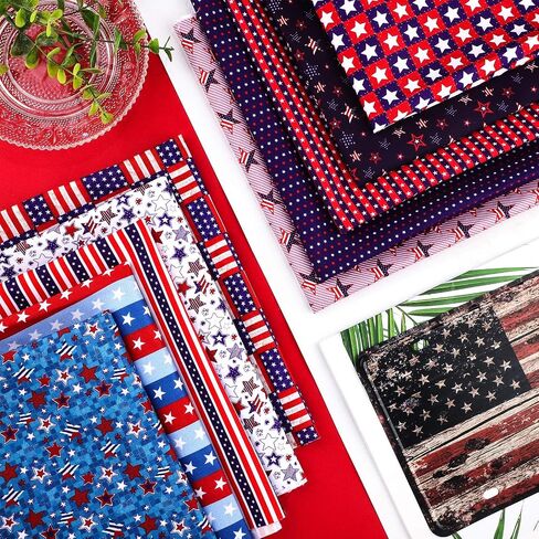 Tatuo 10 Pcs 20 x 20 in Patriotic Fabric Bundle 4th of July Quilting Fabric Memorial Day Fabric Squares Independence Day Print Fabric American Flag Pattern Polyester Cotton Fabric DIY Craft Patchwork in Saudi Arabia
