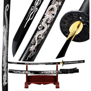1060 High Carbon Steel Full Tang Traditional Heat/Clay Tempered Hand Forged Katana Sword with Dragon Engraving, Black Blade and Scabbard – Combat-Ready Japanese Samurai Sword in Saudi Arabia