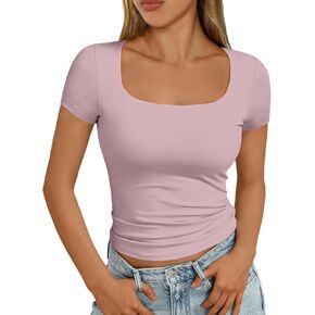 نساء أساسيات القمصان الصيفية 2025 قمم قصيرة الأكمام قمم محصول رفيعة نحيفة الصالة الرياضية تمرين Y2K ملابس مربعة رقبة in Kuwait