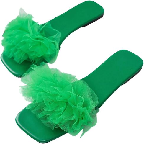 OYOANGLE Women's Square Open Toe Slide Sandals Sheer Ruffle Dressy Slip on Flat Sandal in Saudi Arabia