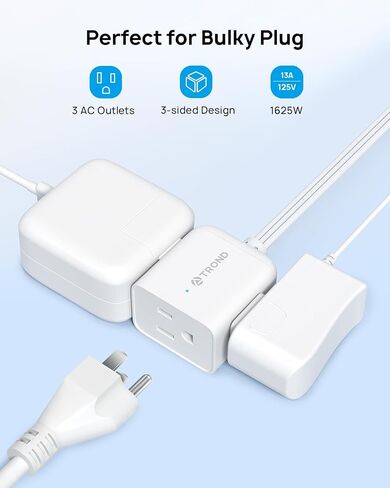 TROND Flat Extension Cord 6ft with 360° Rotating Plug, Low Profile Small Power Strip, 3 Prong Grounded Outlets Cube, 13A, SPT 16/3 Gauge Cable, for Indoor Home Office Cruise Travel Essentials, White in Kuwait