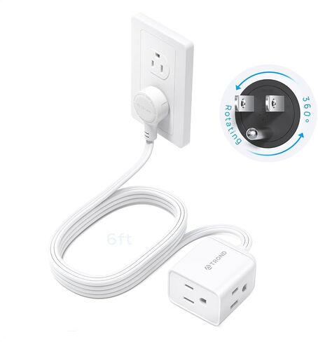 TROND Flat Extension Cord 6ft with 360° Rotating Plug, Low Profile Small Power Strip, 3 Prong Grounded Outlets Cube, 13A, SPT 16/3 Gauge Cable, for Indoor Home Office Cruise Travel Essentials, White in Kuwait