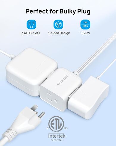 TROND Flat Extension Cord 6ft with 360° Rotating Plug, Low Profile Small Power Strip, 3 Prong Grounded Outlets Cube, 13A, SPT 16/3 Gauge Cable, for Indoor Home Office Cruise Travel Essentials, White in Kuwait
