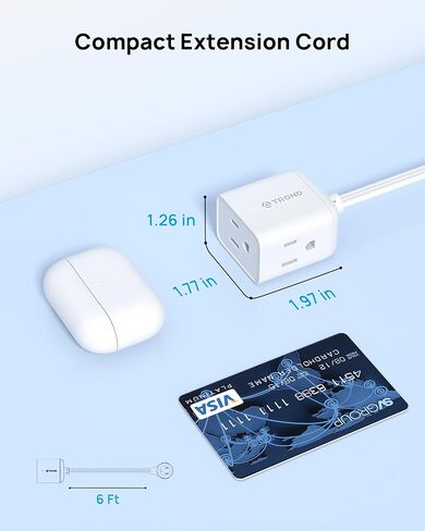 TROND Flat Extension Cord 6ft with 360° Rotating Plug, Low Profile Small Power Strip, 3 Prong Grounded Outlets Cube, 13A, SPT 16/3 Gauge Cable, for Indoor Home Office Cruise Travel Essentials, White in Kuwait