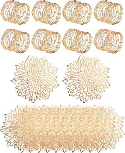 Pickmesh 8 مجموعات عشاء المشيموس وحلقات منديل مضغوطة Vinyl Valsemats Hollow Out Place Mets Round Mesh Fackin For Christmas عيد الشكر عطلات المطبخ الزفاف (الذهب ، شاشة دوارة) in Saudi Arabia
