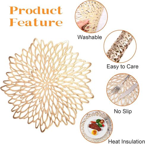 Pickmesh 8 مجموعات عشاء المشيموس وحلقات منديل مضغوطة Vinyl Valsemats Hollow Out Place Mets Round Mesh Fackin For Christmas عيد الشكر عطلات المطبخ الزفاف (الذهب ، شاشة دوارة) in Saudi Arabia