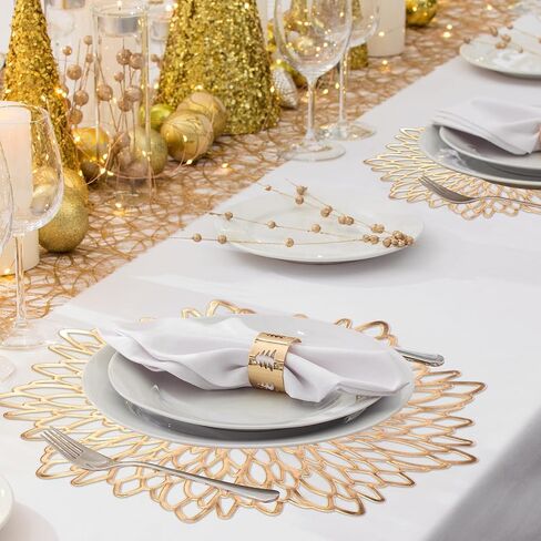 Pickmesh 8 مجموعات عشاء المشيموس وحلقات منديل مضغوطة Vinyl Valsemats Hollow Out Place Mets Round Mesh Fackin For Christmas عيد الشكر عطلات المطبخ الزفاف (الذهب ، شاشة دوارة) in Saudi Arabia