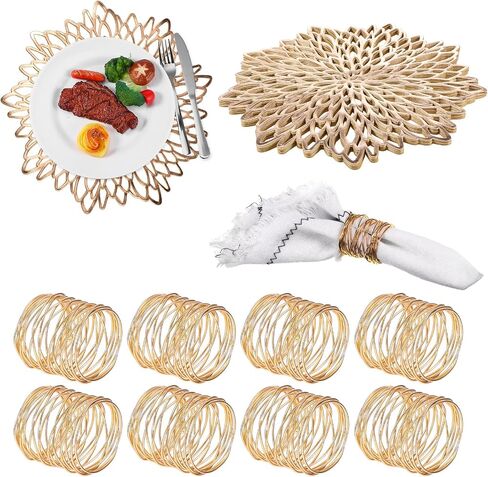 Pickmesh 8 مجموعات عشاء المشيموس وحلقات منديل مضغوطة Vinyl Valsemats Hollow Out Place Mets Round Mesh Fackin For Christmas عيد الشكر عطلات المطبخ الزفاف (الذهب ، شاشة دوارة) in Saudi Arabia