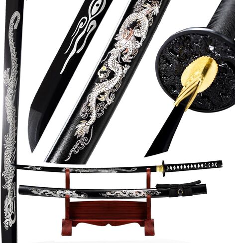 1060 High Carbon Steel Full Tang Traditional Heat/Clay Tempered Hand Forged Katana Sword with Dragon Engraving, Black Blade and Scabbard – Combat-Ready Japanese Samurai Sword in Saudi Arabia
