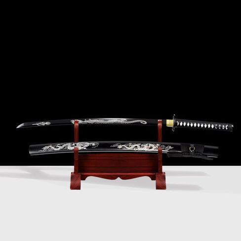 1060 High Carbon Steel Full Tang Traditional Heat/Clay Tempered Hand Forged Katana Sword with Dragon Engraving, Black Blade and Scabbard – Combat-Ready Japanese Samurai Sword in Saudi Arabia