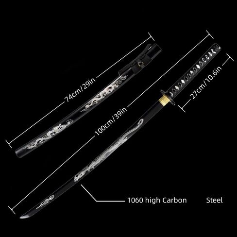 1060 High Carbon Steel Full Tang Traditional Heat/Clay Tempered Hand Forged Katana Sword with Dragon Engraving, Black Blade and Scabbard – Combat-Ready Japanese Samurai Sword in Saudi Arabia