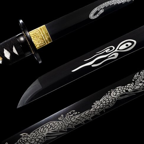 1060 High Carbon Steel Full Tang Traditional Heat/Clay Tempered Hand Forged Katana Sword with Dragon Engraving, Black Blade and Scabbard – Combat-Ready Japanese Samurai Sword in Saudi Arabia