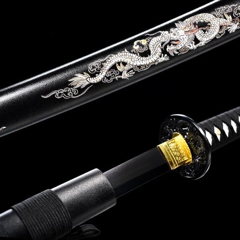 1060 High Carbon Steel Full Tang Traditional Heat/Clay Tempered Hand Forged Katana Sword with Dragon Engraving, Black Blade and Scabbard – Combat-Ready Japanese Samurai Sword in Saudi Arabia