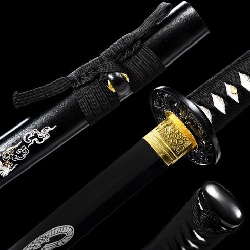 1060 High Carbon Steel Full Tang Traditional Heat/Clay Tempered Hand Forged Katana Sword with Dragon Engraving, Black Blade and Scabbard – Combat-Ready Japanese Samurai Sword in Saudi Arabia