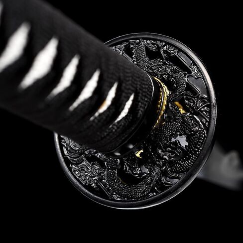 1060 High Carbon Steel Full Tang Traditional Heat/Clay Tempered Hand Forged Katana Sword with Dragon Engraving, Black Blade and Scabbard – Combat-Ready Japanese Samurai Sword in Saudi Arabia
