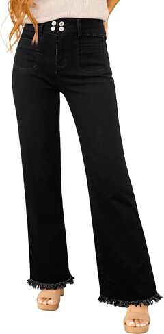 Astylish Womens Wide Leg Jeans High Waisted Double Button Stretchy Frayed Hem Straight Jean Loose Trendy Denim Pants in Saudi Arabia