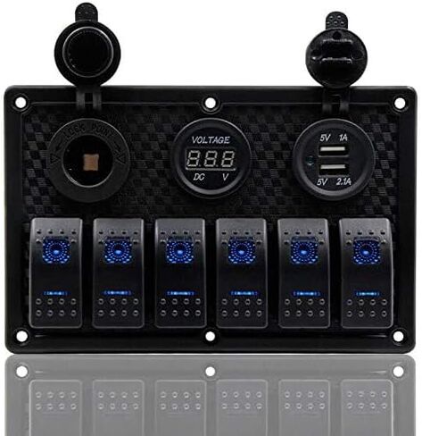 6 Gang Rocker Switch Fuse Panel, Waterproof Digital Voltmeter Display with Dual USB Charger for RV Marine Car Vehicles Truck Boat (Blue Light) in Saudi Arabia