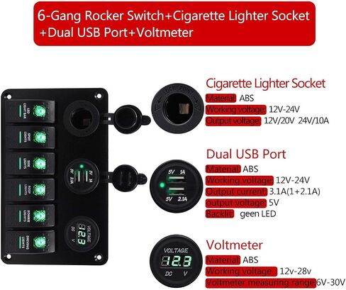 6 Gang Rocker Switch Fuse Panel, Waterproof Digital Voltmeter Display with Dual USB Charger for RV Marine Car Vehicles Truck Boat (Blue Light) in Saudi Arabia