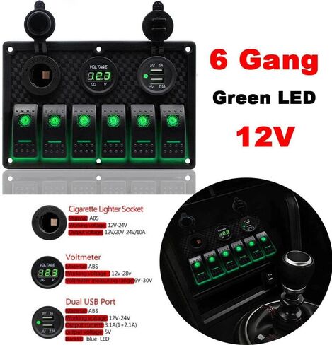 6 Gang Rocker Switch Fuse Panel, Waterproof Digital Voltmeter Display with Dual USB Charger for RV Marine Car Vehicles Truck Boat (Blue Light) in Saudi Arabia