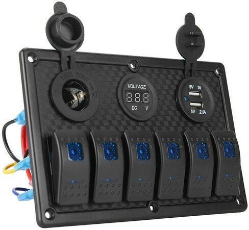 6 Gang Rocker Switch Fuse Panel, Waterproof Digital Voltmeter Display with Dual USB Charger for RV Marine Car Vehicles Truck Boat (Blue Light) in Saudi Arabia
