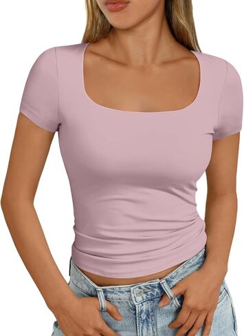 نساء أساسيات القمصان الصيفية 2025 قمم قصيرة الأكمام قمم محصول رفيعة نحيفة الصالة الرياضية تمرين Y2K ملابس مربعة رقبة in Kuwait