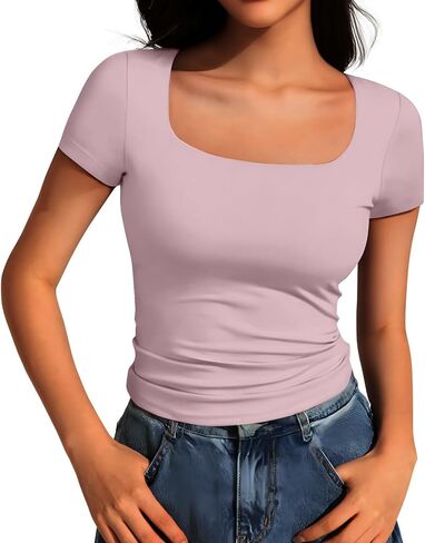 نساء أساسيات القمصان الصيفية 2025 قمم قصيرة الأكمام قمم محصول رفيعة نحيفة الصالة الرياضية تمرين Y2K ملابس مربعة رقبة in Kuwait