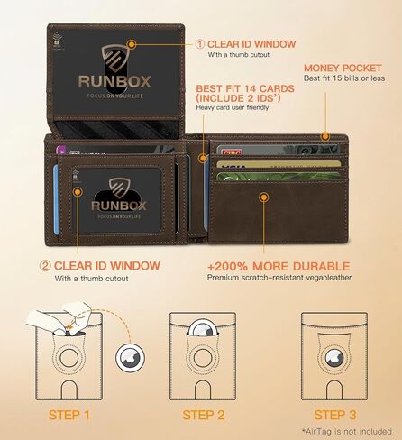 RUNBOX Airtag Wallet for Men 15 Cards Wallets Slim Rfid Leather 2 ID Window With Gift Box in Kuwait